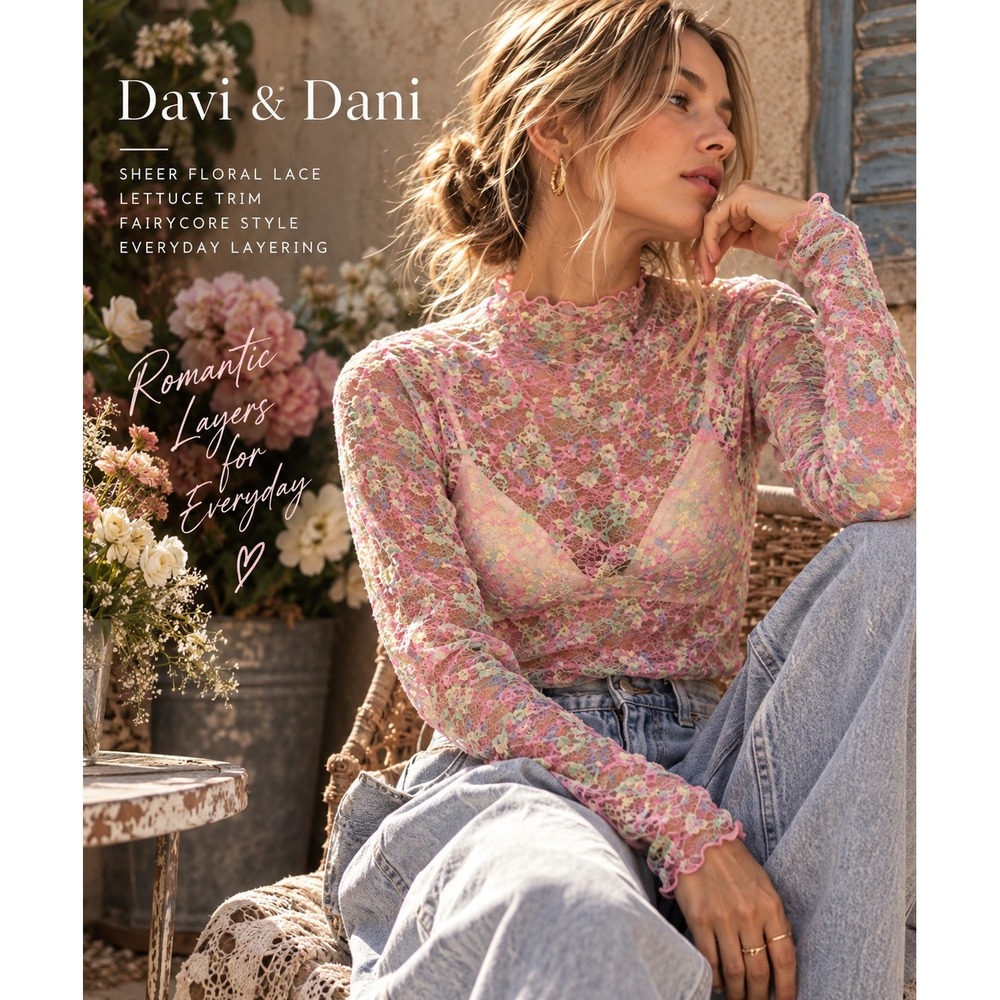 Davi & Dani Pink Floral Lace Lettuce Trim Sheer Top S Fairycore Y2K